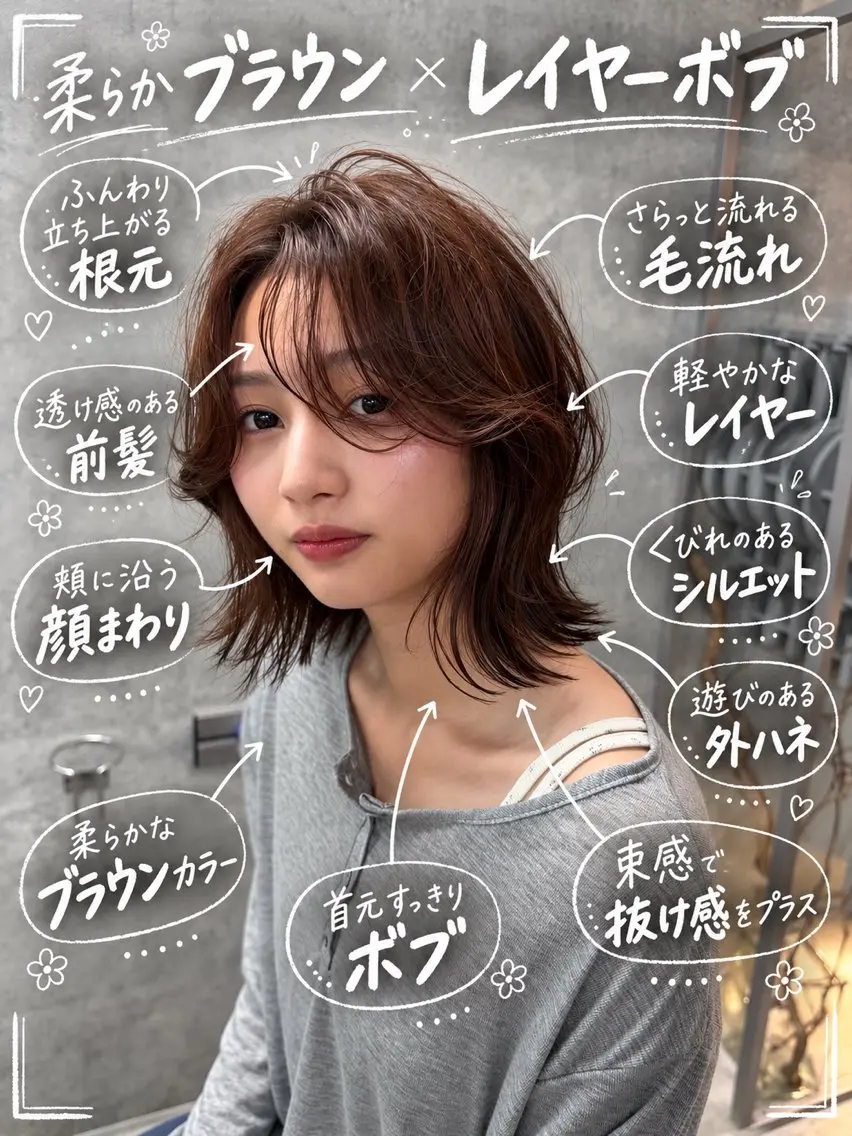 ミディアム カラー カット ヘアカラー トリートメント You/透明感カラー レイヤーカット/ボブのヘアスタイル