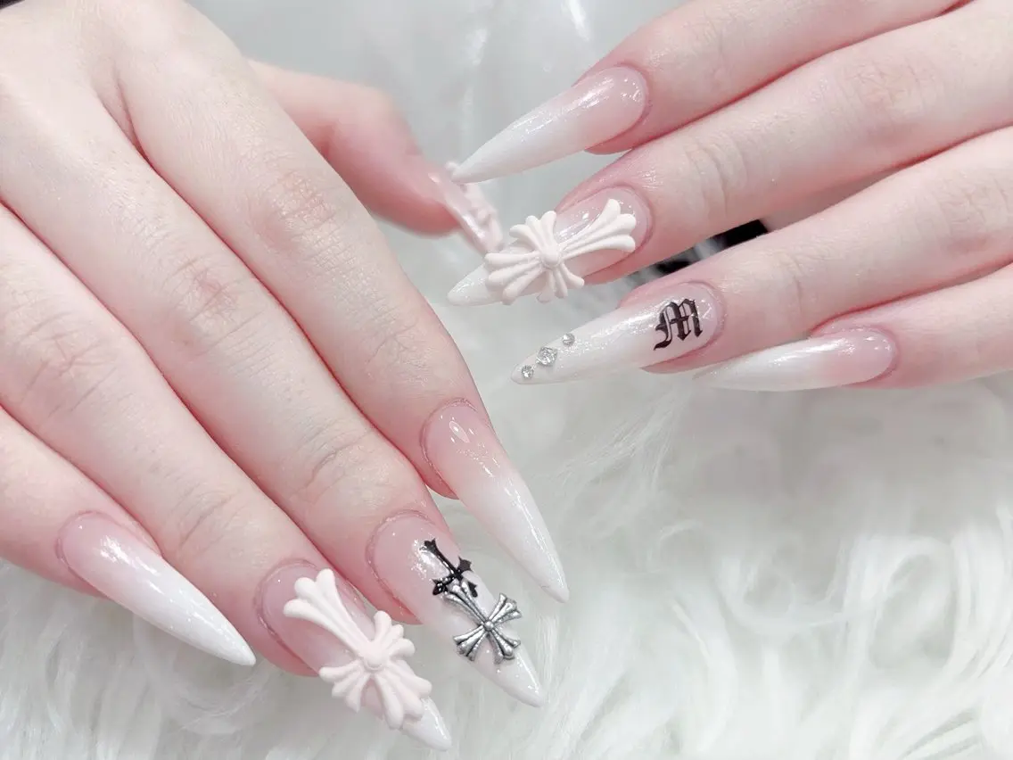 ネイル 成人式 マグネットネイル 大理石ネイル(マーブル) リボン 夏ネイル ハンドネイル MoMoA Nail ネイル長さ出し専門店のネイルデザイン