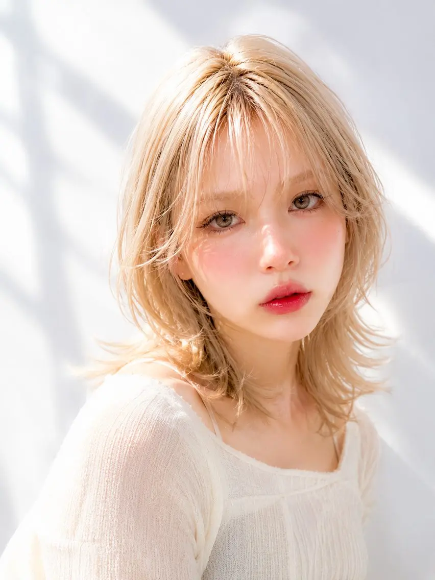 ミディアム カラー ブロンド ウルフカット カット ヘアカラー パーマ 縮毛矯正 トリートメント ヘッドスパ ヘアセット 💐大人ヘア/骨格 補正/りゅうき💐のヘアスタイル