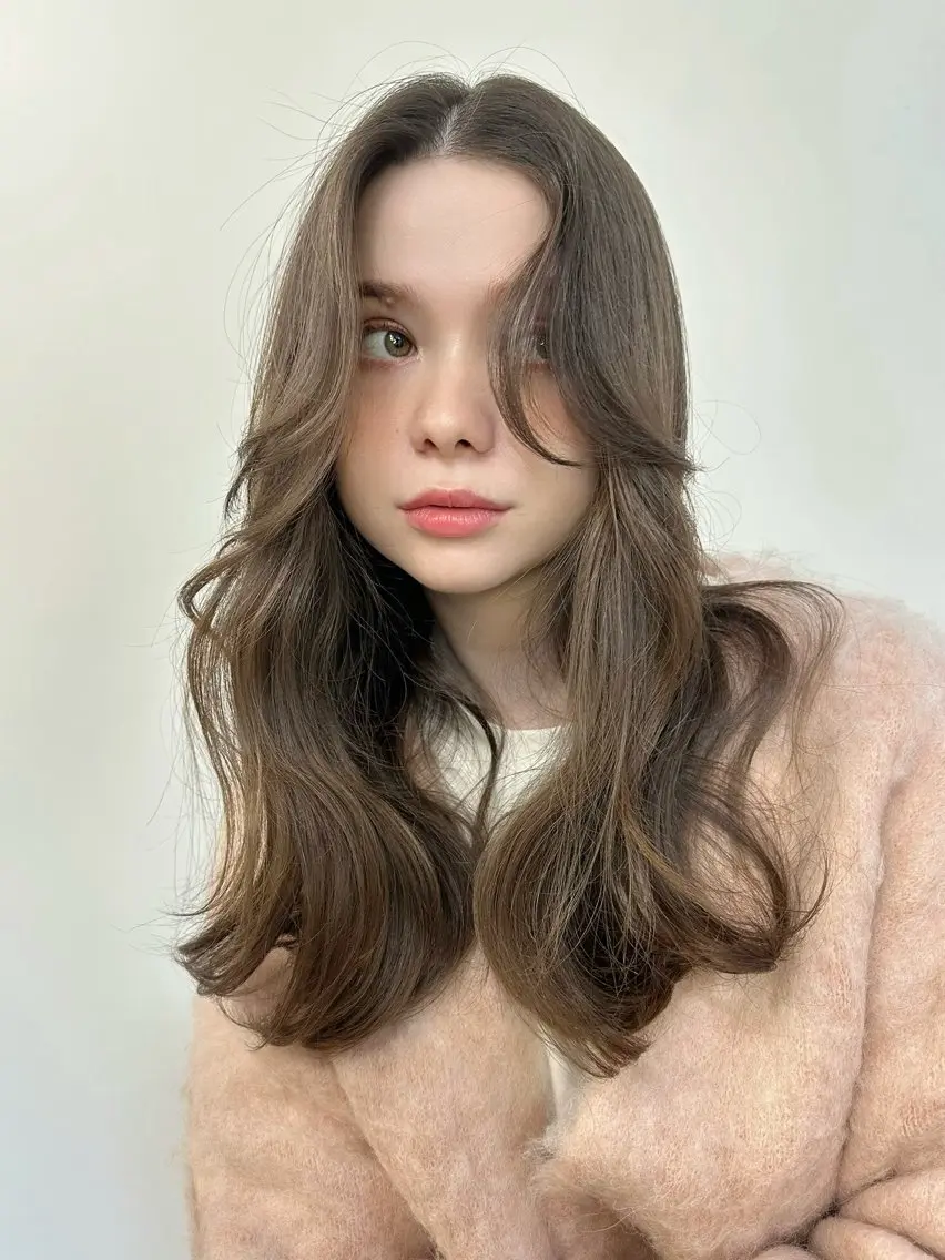 ロング カラー アッシュ ベージュカラー ブリーチ ケアブリーチ ダブルカラー カット ヘアカラー トリートメント 顔まわりレイヤー× 韓国ヘアオタベシンヤのヘアスタイル