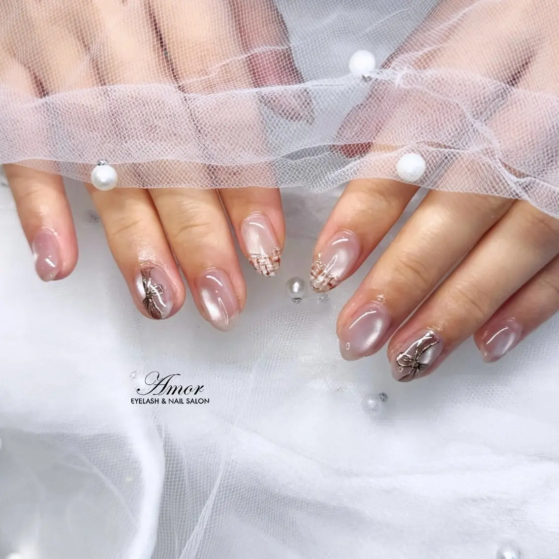 ネイル ミラーネイル リボン ツイードネイル 🍒INN Nail°˖✧のネイルデザイン