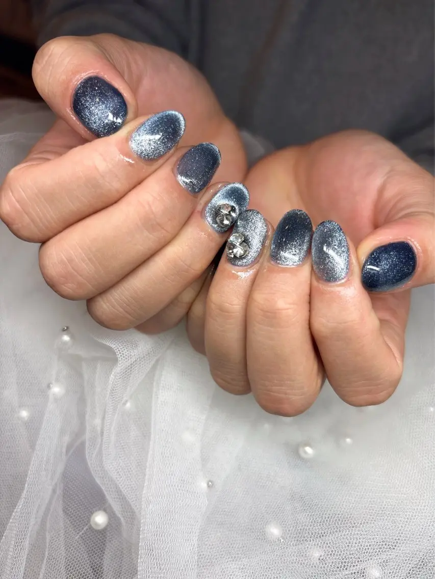 ネイル ブルー ハート マグネットネイル 赤色 バレンタイン ハンドネイル happiness nailのネイルデザイン