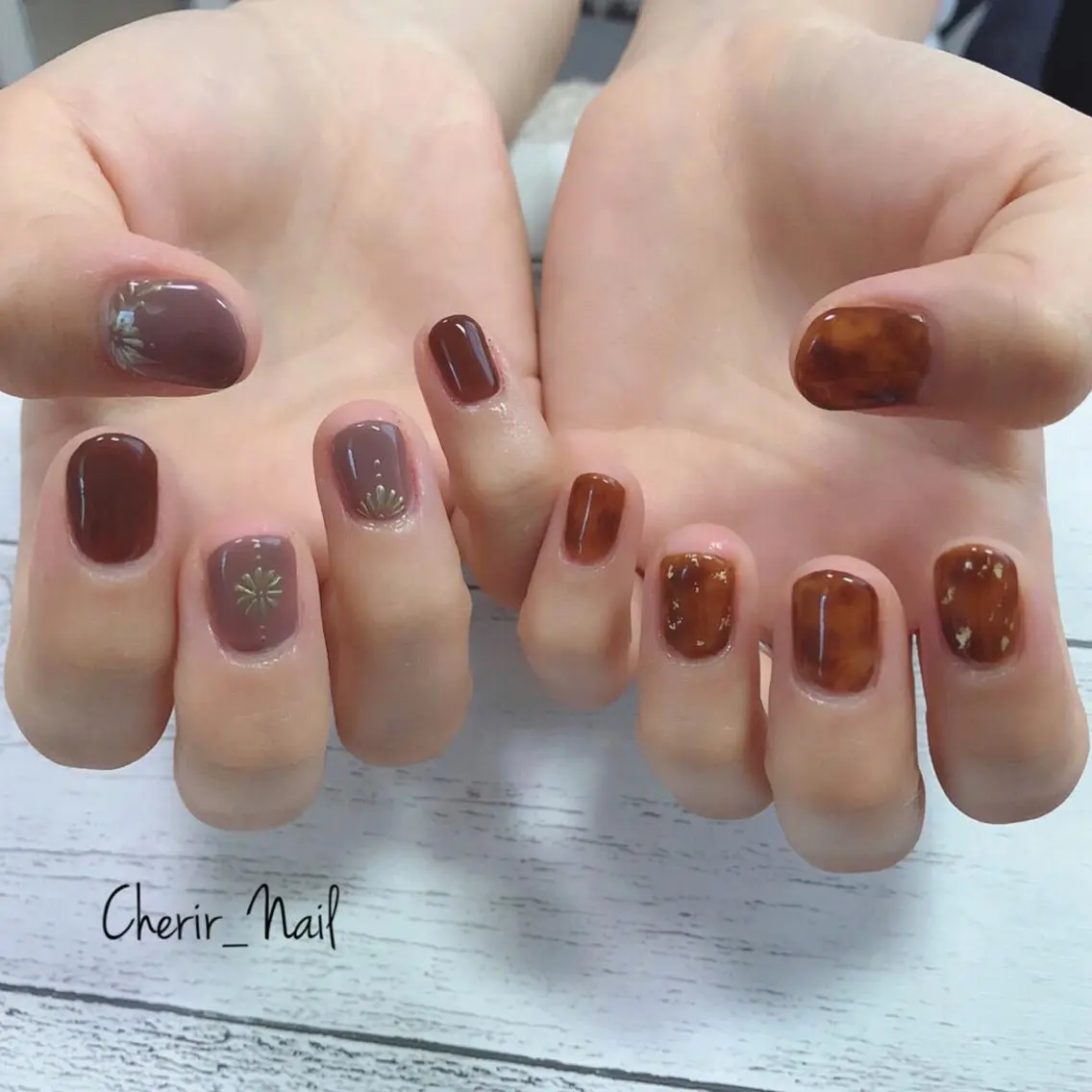 ネイル アートネイル べっ甲ネイル ブラウン 大理石ネイル(マーブル) ニュアンスネイル Cherirnail kaoriのネイルデザイン