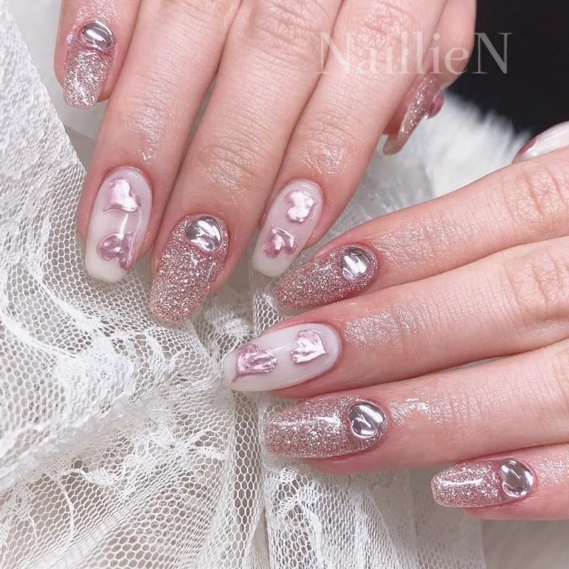 ネイル ハート ミラーネイル Nail lieNのネイルデザイン