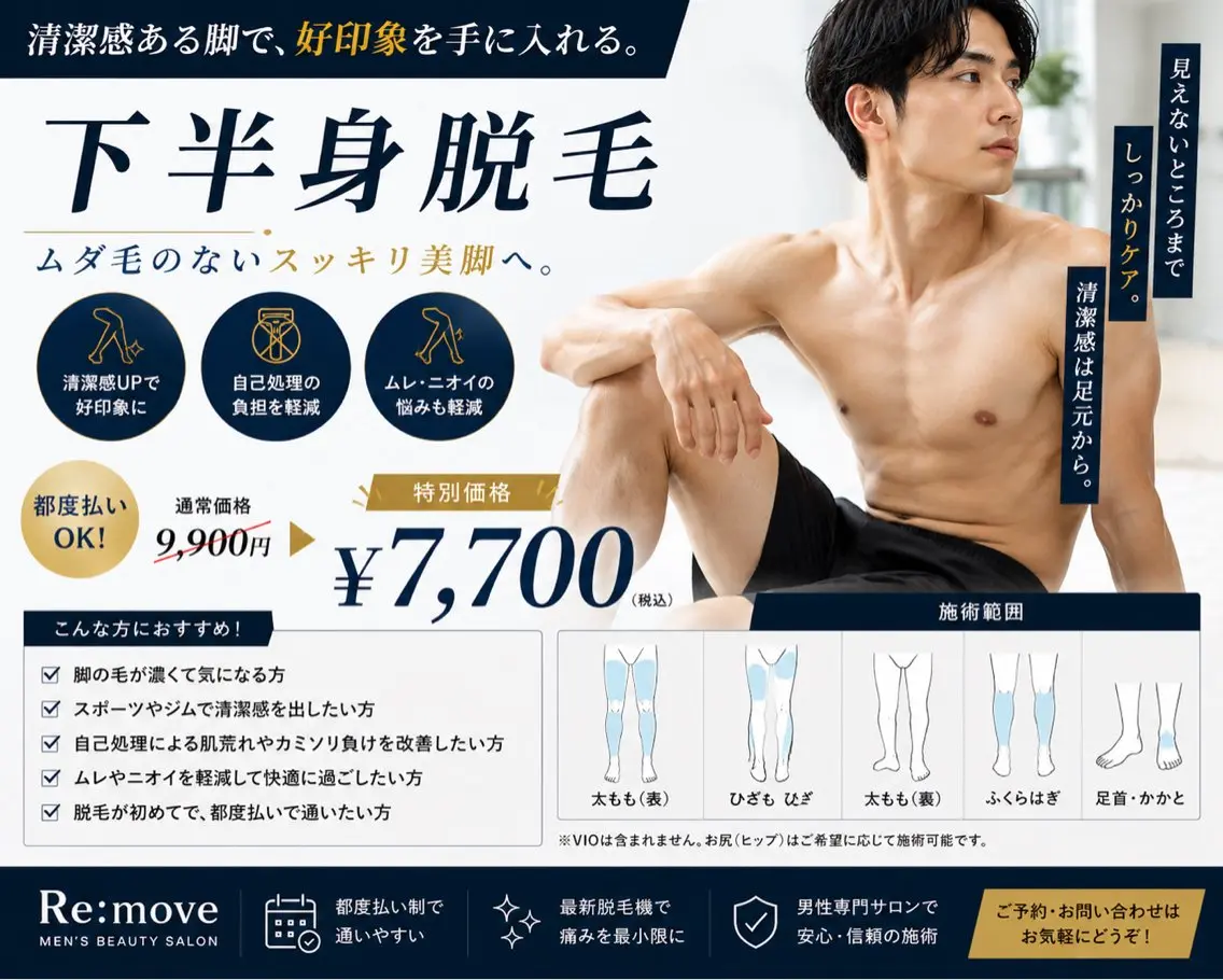 【剛毛でもスッキリ綺麗に！】メンズ脱毛"下半身〈VIO無〉￥7,700の写真