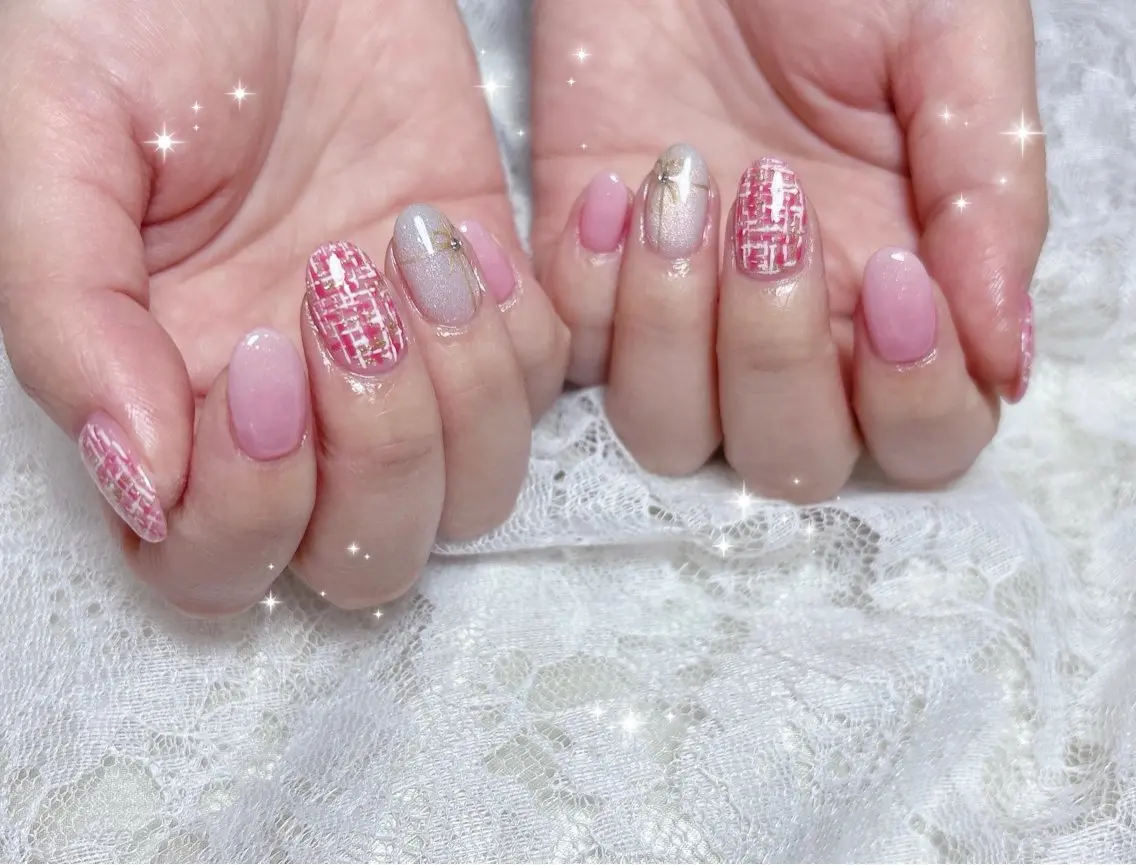 ネイル アートネイル グラデーション マグネットネイル ピンク ツイードネイル ハンドネイル FLARE NAIL フレアネイルのネイルデザイン