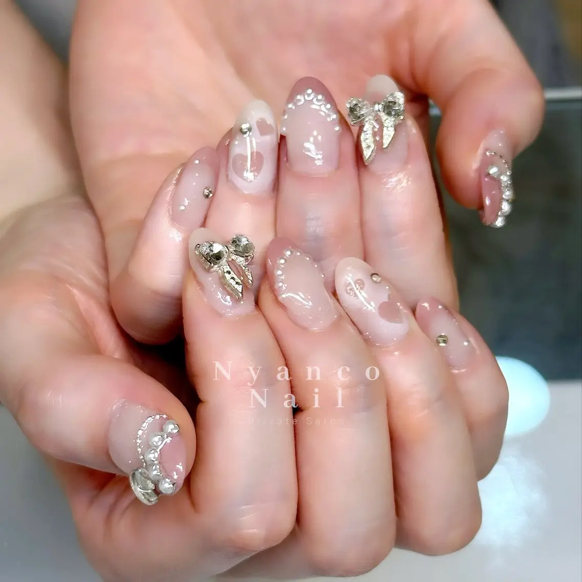 ネイル チークネイル フレンチネイル ジェルネイル ガーリー ハート Nyanco Nailのネイルデザイン