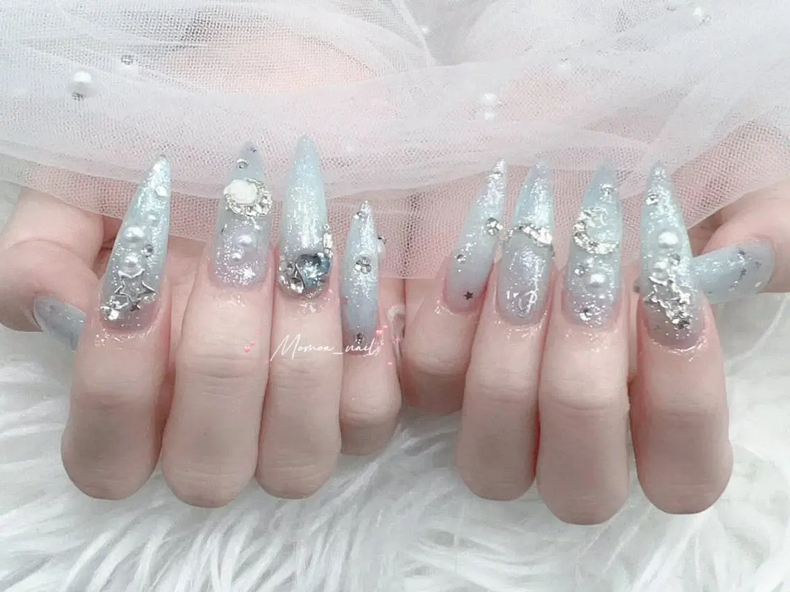 ネイル 成人式 大理石ネイル(マーブル) 持ち込み ネイルチップ 冬ネイル ハンドネイル MoMoA Nail ネイル長さ出し専門店のネイルデザイン