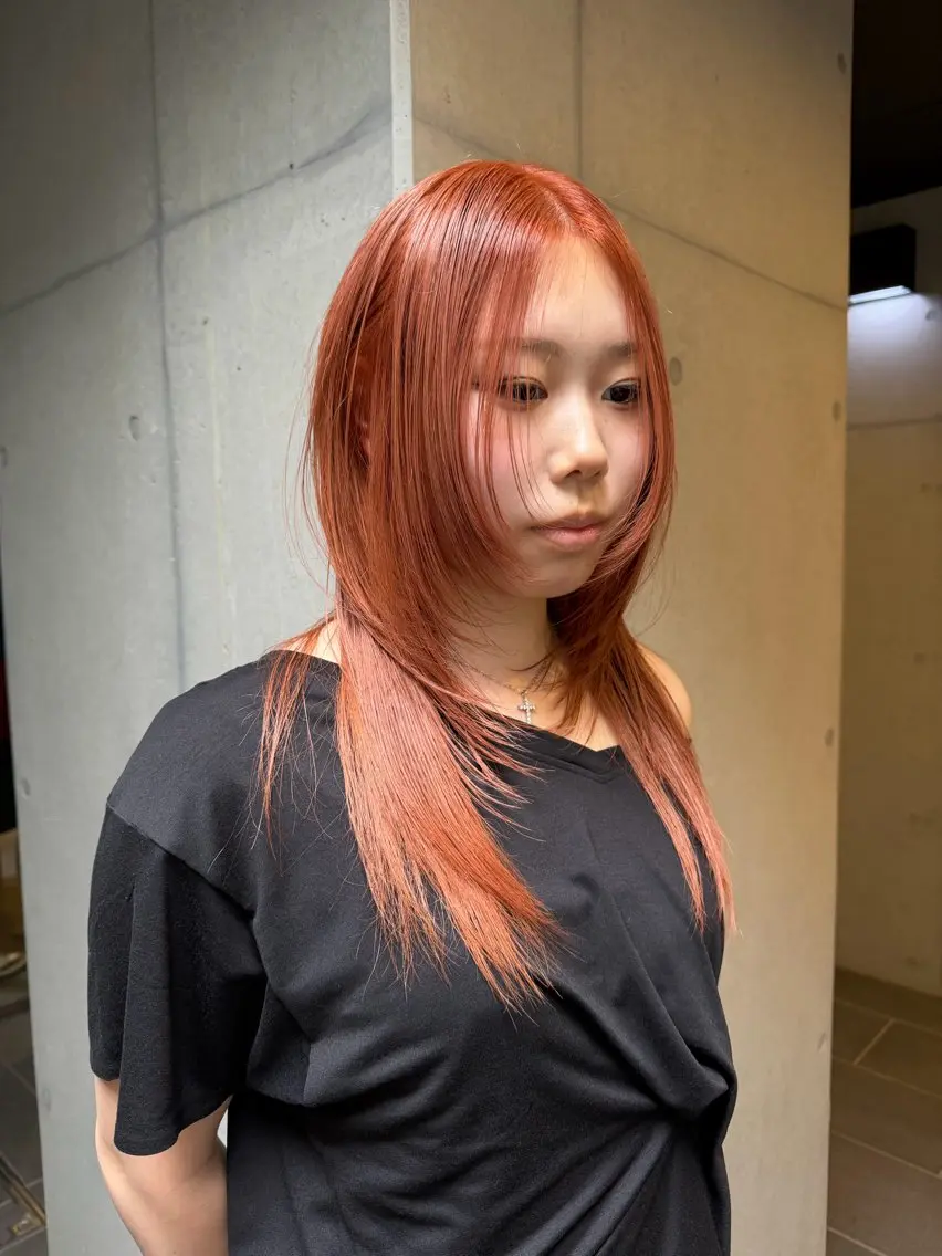 ロング カラー オレンジ 顔まわりレイヤー レイヤーカット カット ヘアカラー 似合わせウルフ/ レイヤー/山本祐輔のヘアスタイル