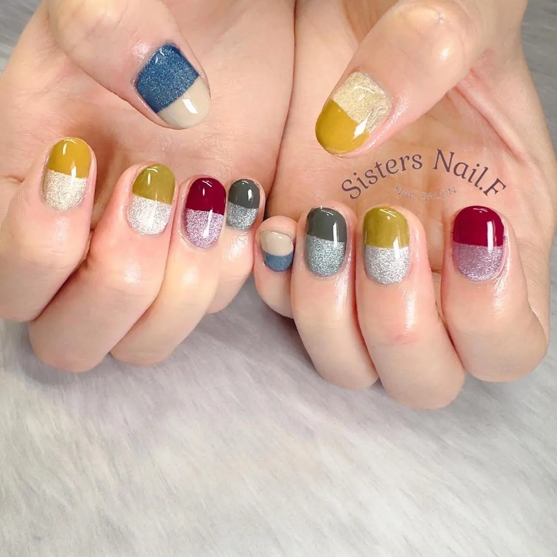 ネイル アートネイル ブルー フレンチネイル グリーン マグネットネイル sisters nail.fのネイルデザイン