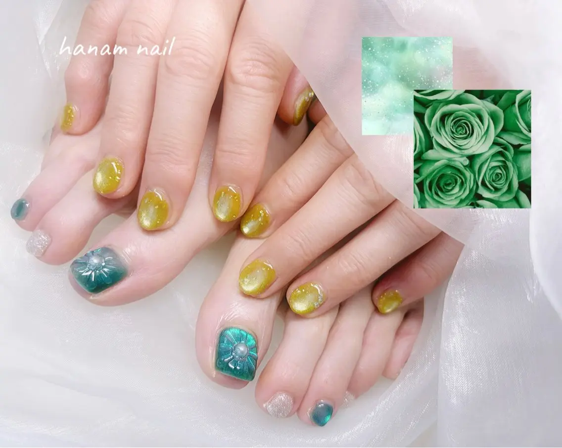 ネイル フットネイル フットネイル hanam nail 🌿🩵ハナムネイルのネイルデザイン