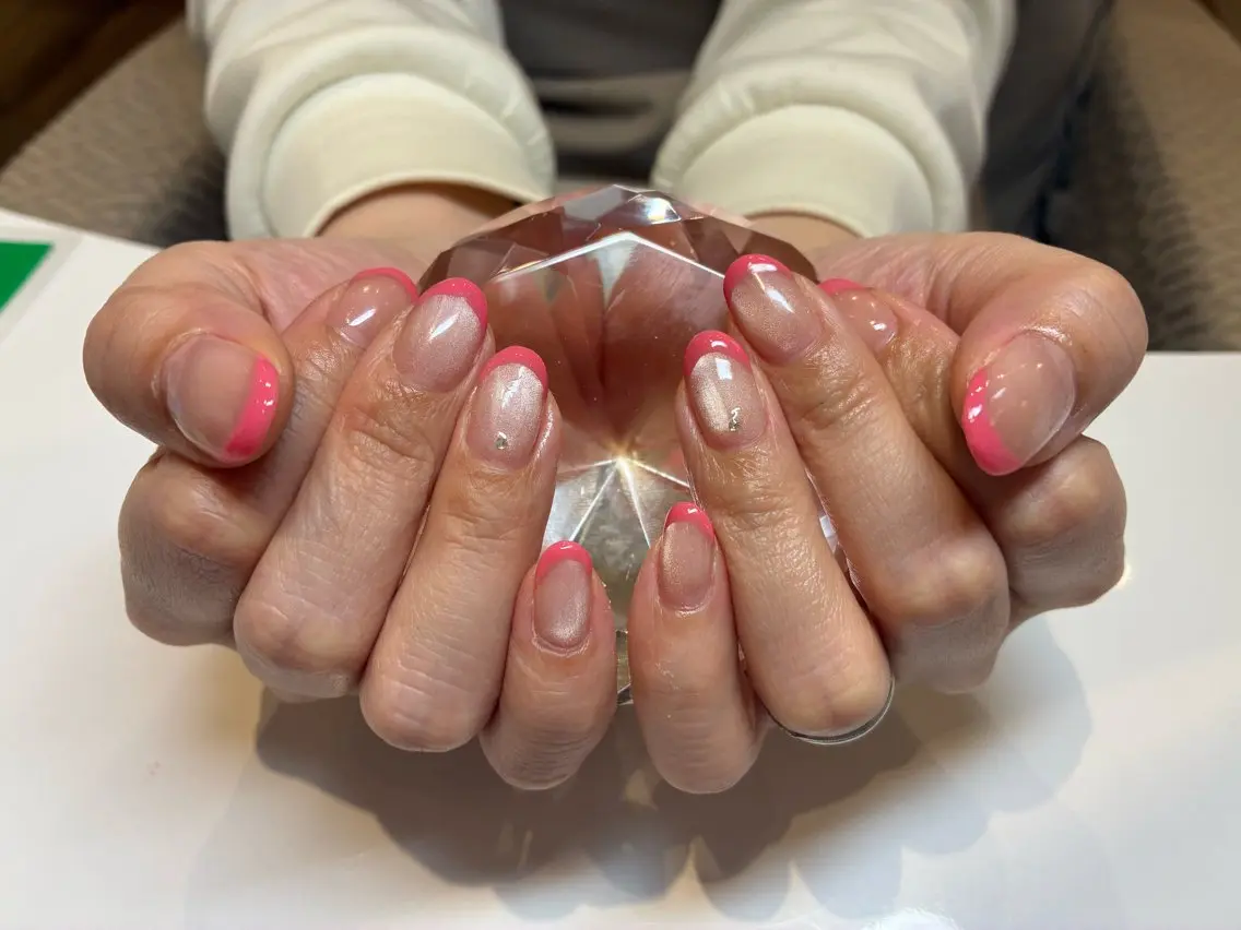 ネイル フレンチネイル マグネットネイル ピンク 春ネイル ハンドネイル ECRLN Atsumiのネイルデザイン