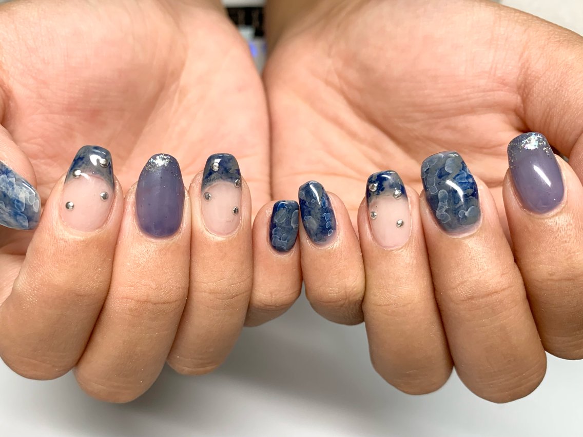 ネイル アートネイル ブルー フレンチネイル 持ち込み ネイビー R ♡nailのネイルデザイン