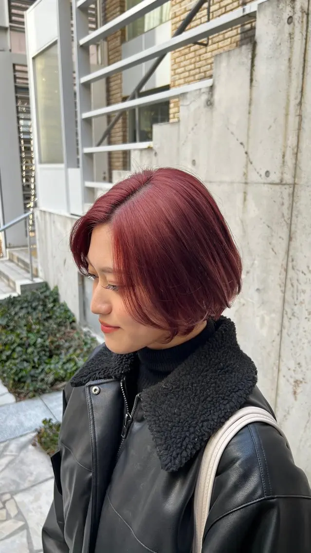 カラー ブリーチ ボルドーカラー レッドカラー 木村翔/大名ショート ボブ/ショートボブのヘアスタイル