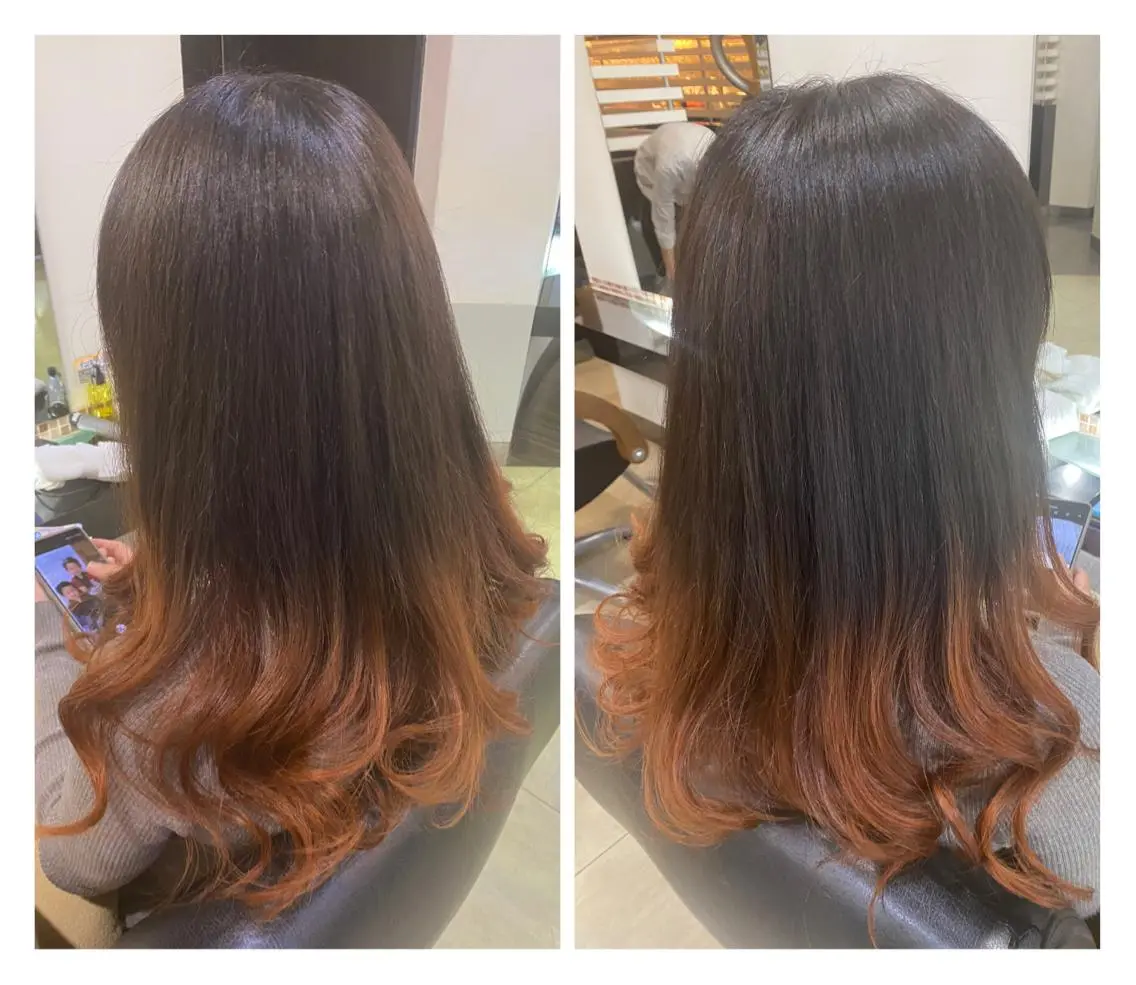 ロング カラー ヘアアレンジ ブリーチ グラデーションカラー ブリーチなしカラー オレンジ 烏山 達也のヘアスタイル