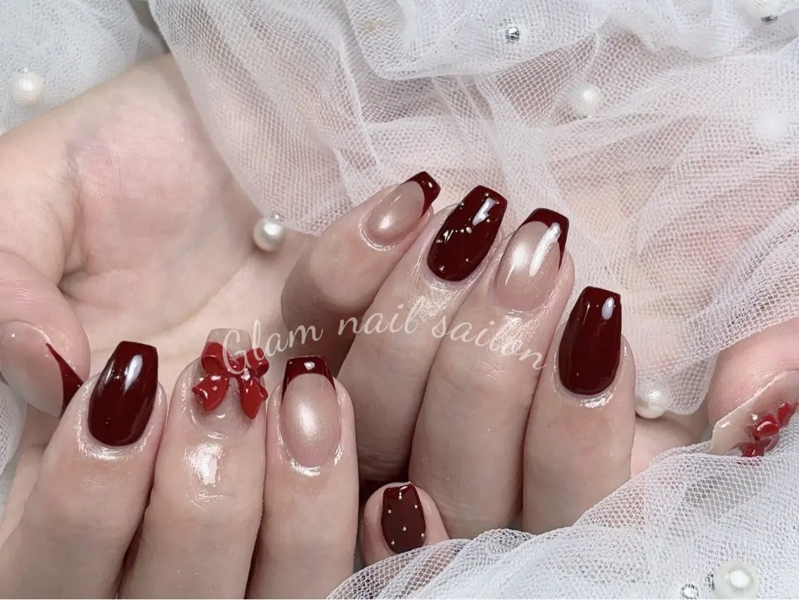 ネイル ハンドネイル エツメ💅 長さ出し🎀デザインのネイルデザイン