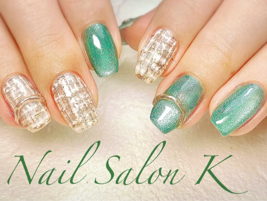 ネイル グリーン マグネットネイル 持ち込み リボン ツイードネイル ハンドネイル Nail Salon K 🧸美爪育成のネイルデザイン