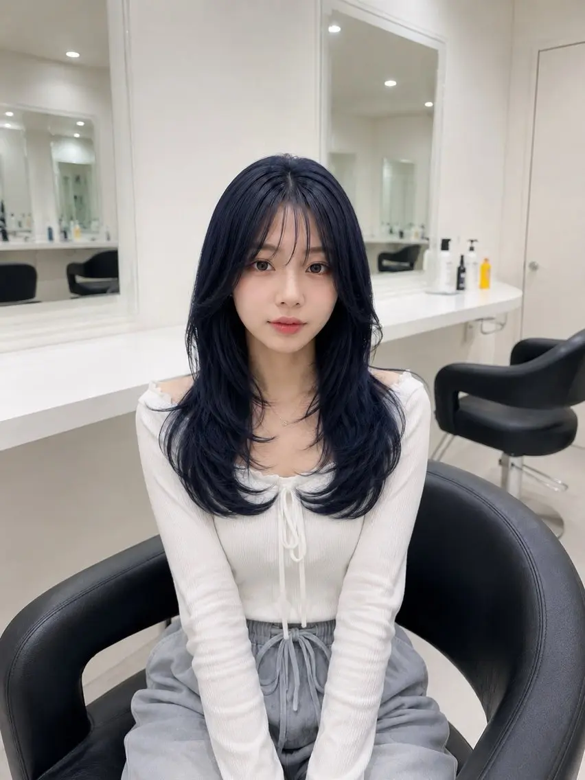 ロング 髪質改善 韓国風ヘア レイヤーカット カット ヘアカラー トリートメント 縮毛矯正× ブルーブラック/池袋のヘアスタイル