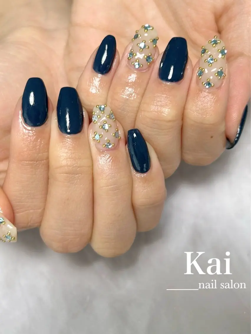 ネイル オーロラネイル ハート 韓国ネイル マグネットネイル ネイビー ハンドネイル Kai nail Mayukoのネイルデザイン
