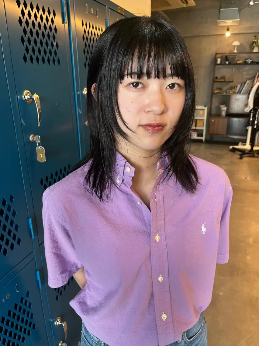 ミディアム ボブレイヤー レッドブラウン ボブ 顔まわりレイヤー ハッシュカット レイヤーカット\ウル フ　chinatsuのヘアスタイル