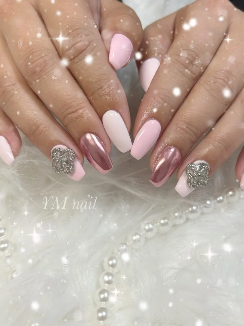 ネイル ミラーネイル ピンク スカルプネイル 春ネイル ハンドネイル YM nailのネイルデザイン