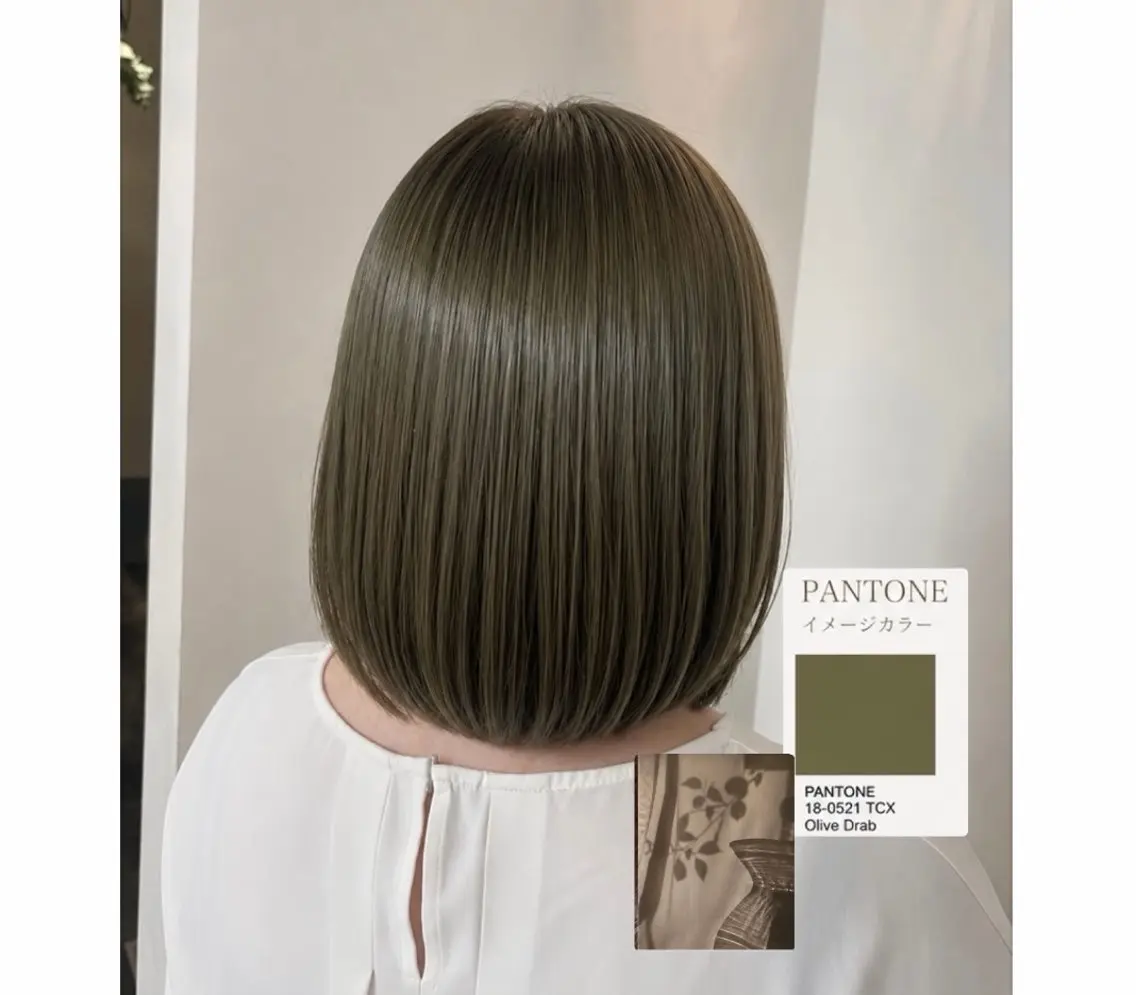 ミディアム カラー ベージュカラー 透明感カラー オリーブベージュ オリーブカラー ボブ ヘアカラー トリートメント ヒナ/酸性ストレート /髪質改善のヘアスタイル
