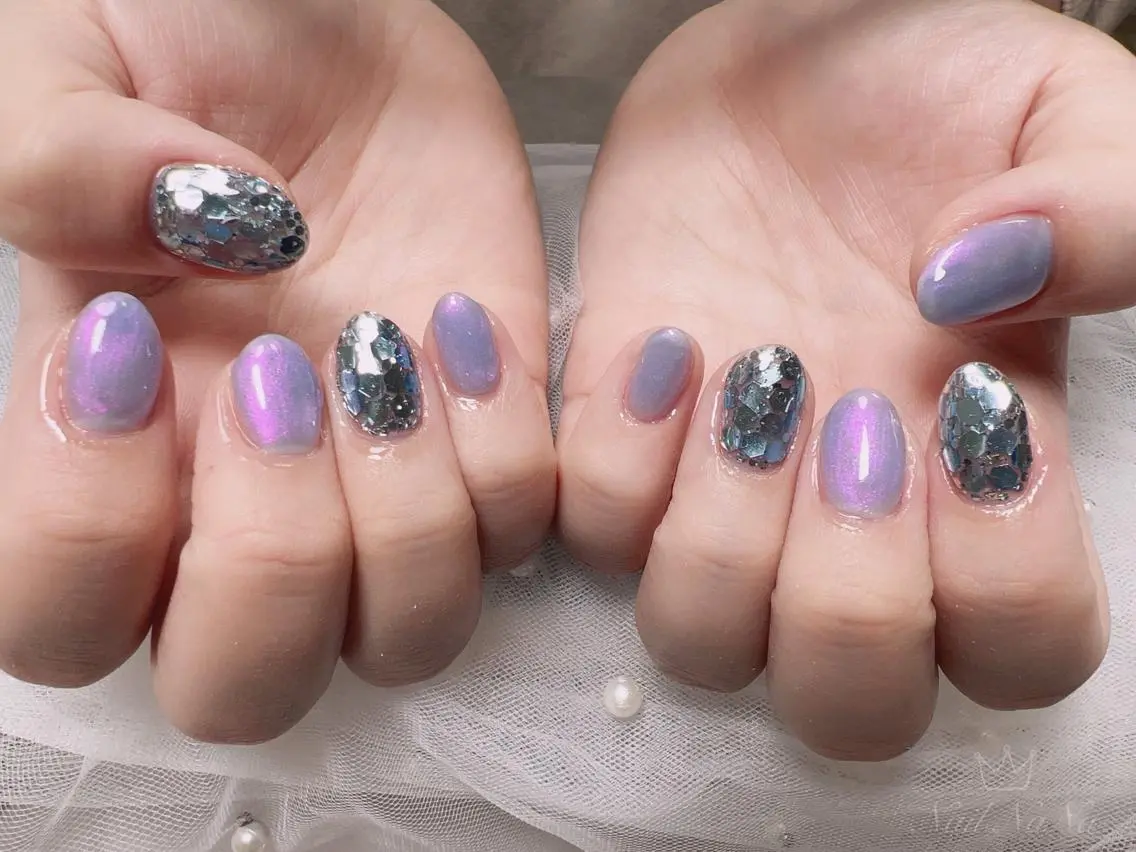 ショート カラー ネイル 韓国風ヘア 韓国ネイル ラメ(グリッター) ハンドネイル Nail NaNaのネイルデザイン