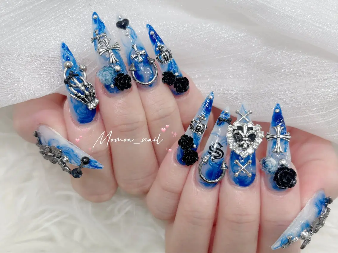 ネイル 成人式 大理石ネイル(マーブル) 持ち込み ネイルチップ 冬ネイル ハンドネイル MoMoA Nail ネイル長さ出し専門店のネイルデザイン