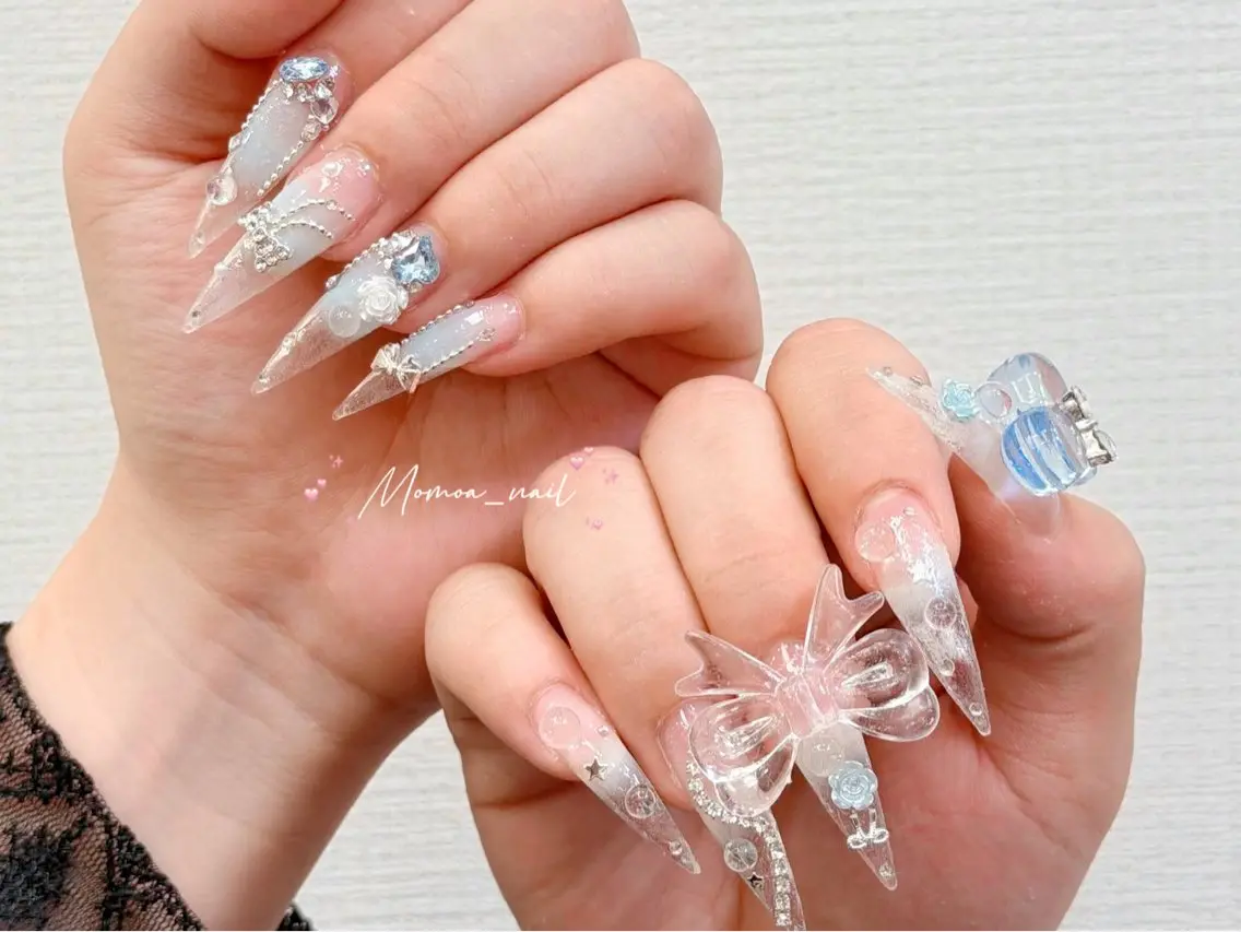 ネイル 成人式 マグネットネイル 大理石ネイル(マーブル) リボン 夏ネイル ハンドネイル MoMoA Nail ネイル長さ出し専門店のネイルデザイン