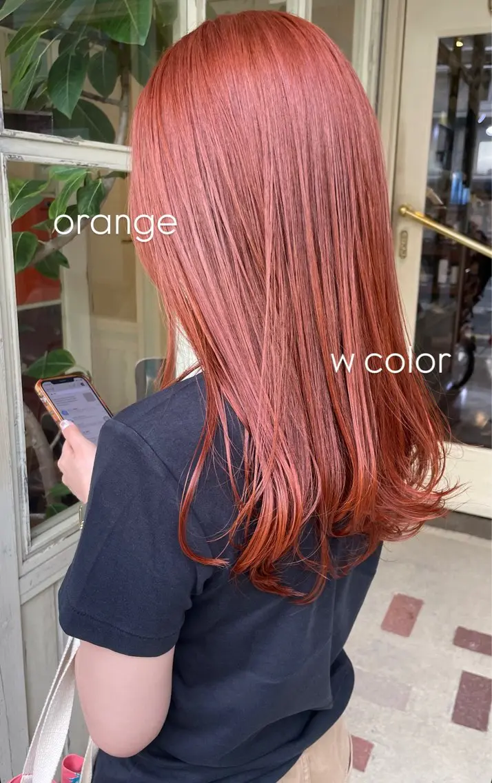 セミロング カラー ブリーチ ダブルカラー ブリーチなしカラー オレンジ ヘアカラー Sourire西大分 ☘️いけだ　あおいのヘアスタイル