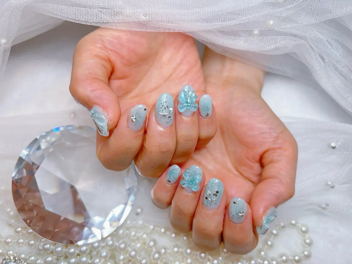 ネイル アートネイル オーロラネイル チークネイル 長さ出し フットネイル Miya _nailのネイルデザイン