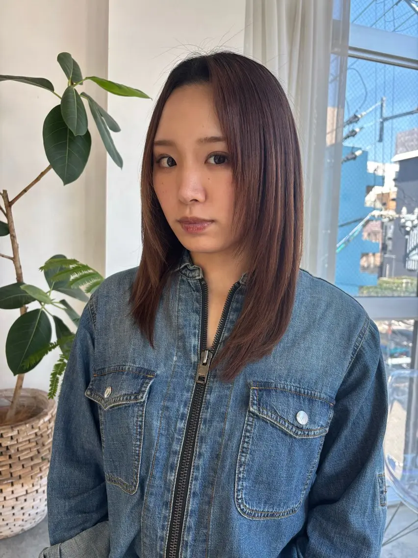ミディアム パーマ レイヤーカット 縮毛矯正 縮毛矯正 ness/rina /透明感カラーのヘアスタイル