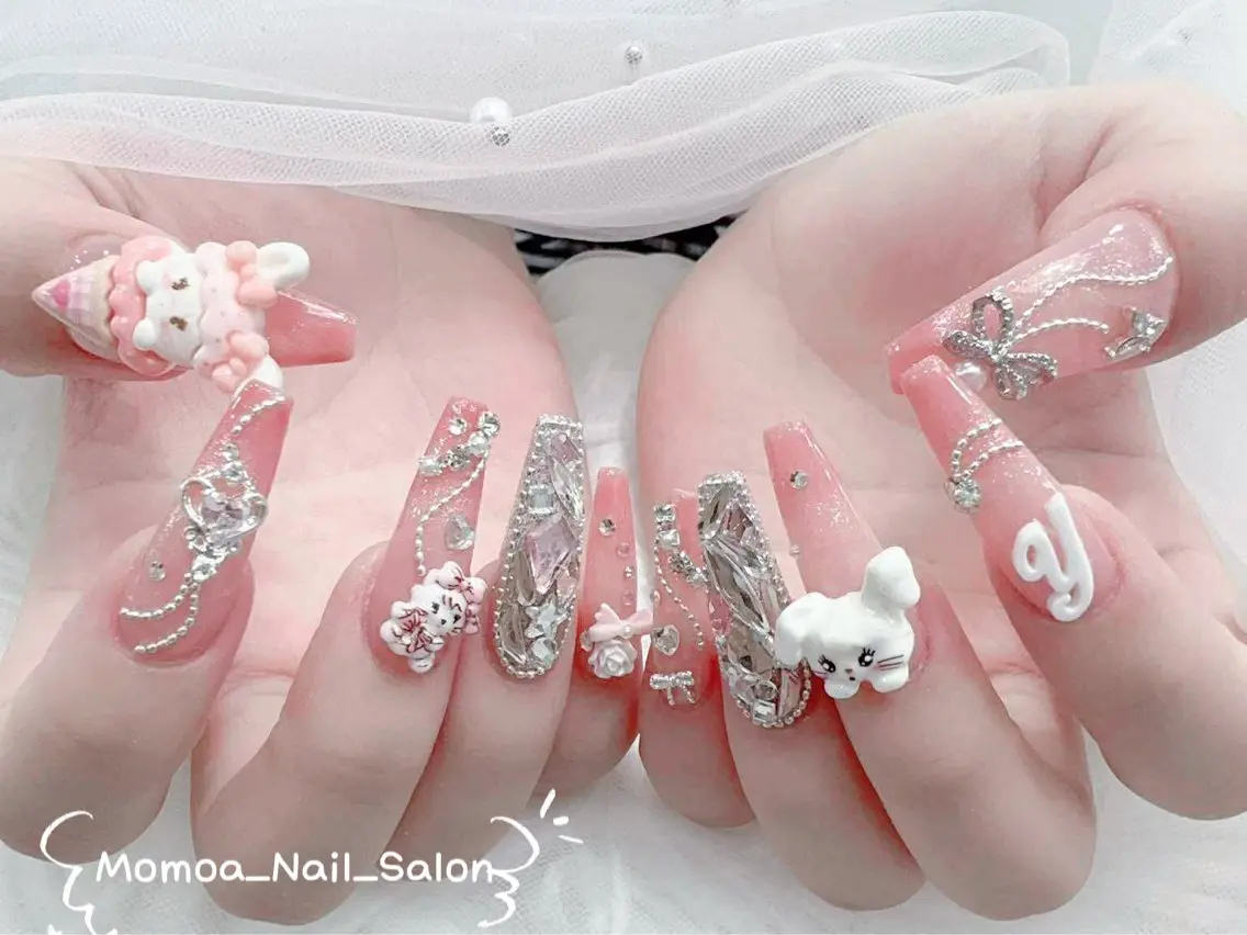 ネイル 成人式 ロングネイル マグネットネイル 大理石ネイル(マーブル) 持ち込み ハンドネイル MoMoA Nail ネイル長さ出し専門店のネイルデザイン