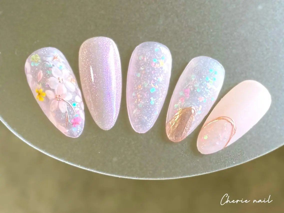 ネイル 桜ネイル フラワーネイル ジェルネイル マグネットネイル ミラーネイル Cherienail yunaのネイルデザイン