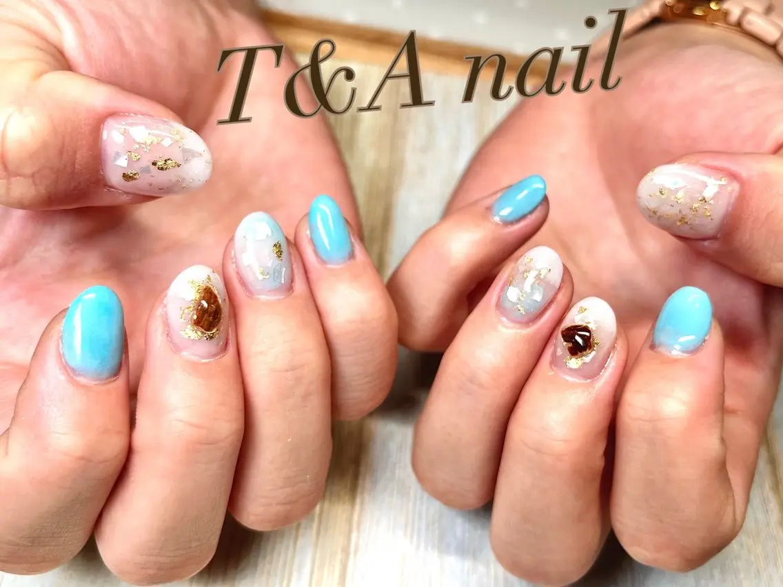 ネイル ブルー 長さ出し ジェルネイル ニュアンスネイル スカルプネイル T&A nailのネイルデザイン
