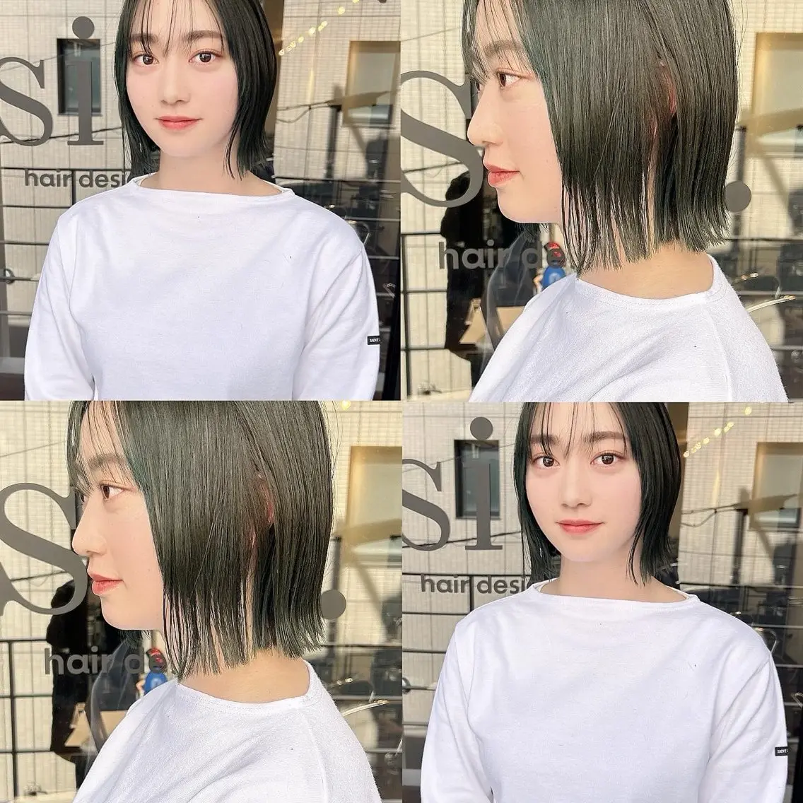 ショート カラー 韓国🇰🇷レイヤー カットオリーブカラーのヘアスタイル