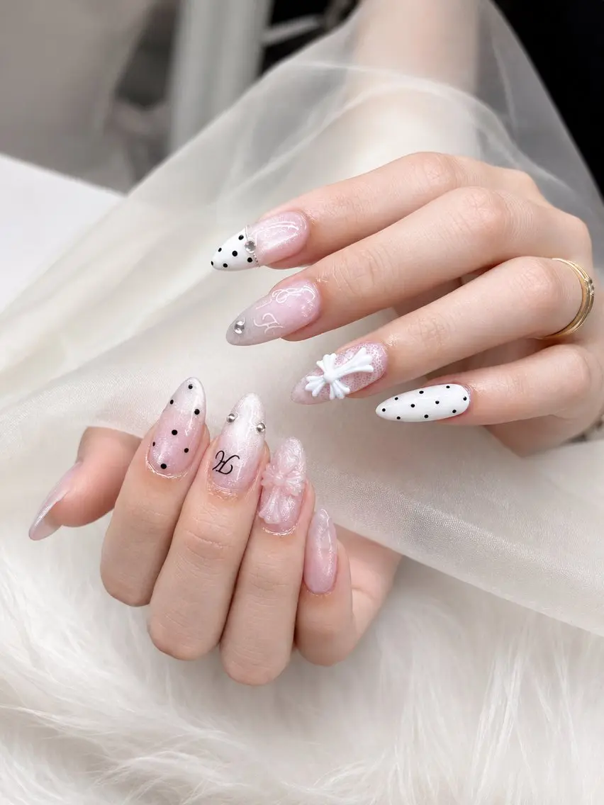 ネイル ドット キラキラネイル ピンク ホワイト ハンドネイル Gold Nail 千葉/風香のネイルデザイン
