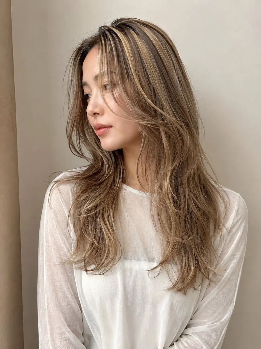 セミロング 顔まわりレイヤー 外国人風カラー ハイライト レイヤーカット カット ヘアカラー トリートメント 海外風レイヤーカット 👑店長　平松　由のヘアスタイル