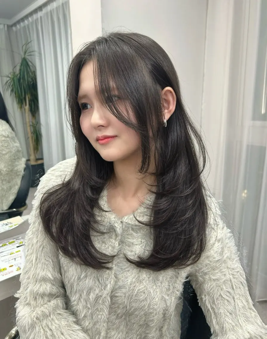 ロング 顔周りカット 韓国風ヘア レイヤーカット 小顔カット 透明感カラー/ レイヤー/すずさのヘアスタイル