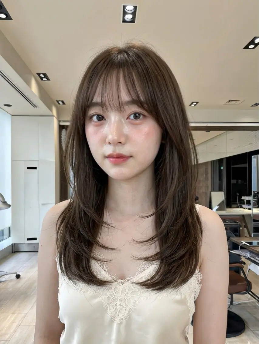 セミロング 顔周りカット かきあげバング 韓国風ヘア レイヤーカット カット ヘアカラー 透明感カラー/韓国レ イヤー/宮下知也のヘアスタイル
