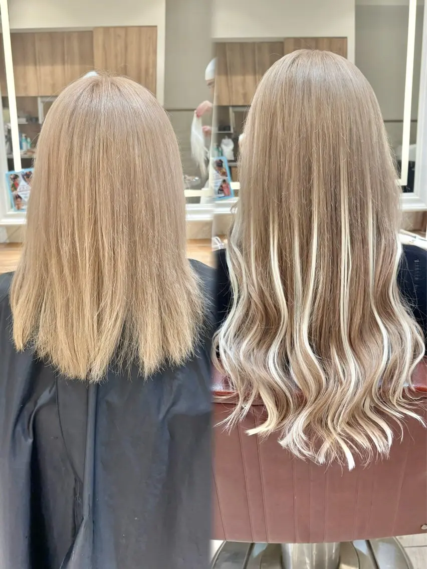 ロング カラー シールエクステ ベージュカラー ミルクティーベージュ エクステ ヘアカラー エクステ ハイトーンカラー シールエクステのヘアスタイル