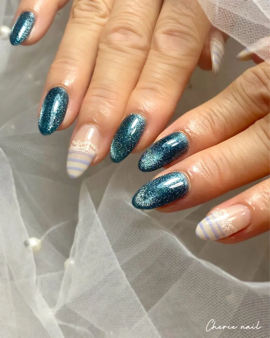 ネイル ブルー ジェルネイル レース マグネットネイル ハンドネイル Cherienail yunaのネイルデザイン