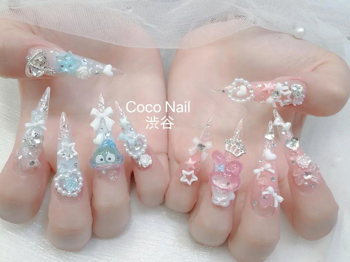 ネイル 成人式 大理石ネイル(マーブル) リボン 夏ネイル ネイルチップ ハンドネイル CoCo Nail 長さ出し専門店のネイルデザイン