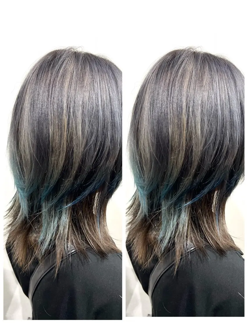 ミディアム カラー ブリーチ ブルーカラー グレージュ ウルフカット レイヤー/ボブ 特化✂️福岡のヘアスタイル