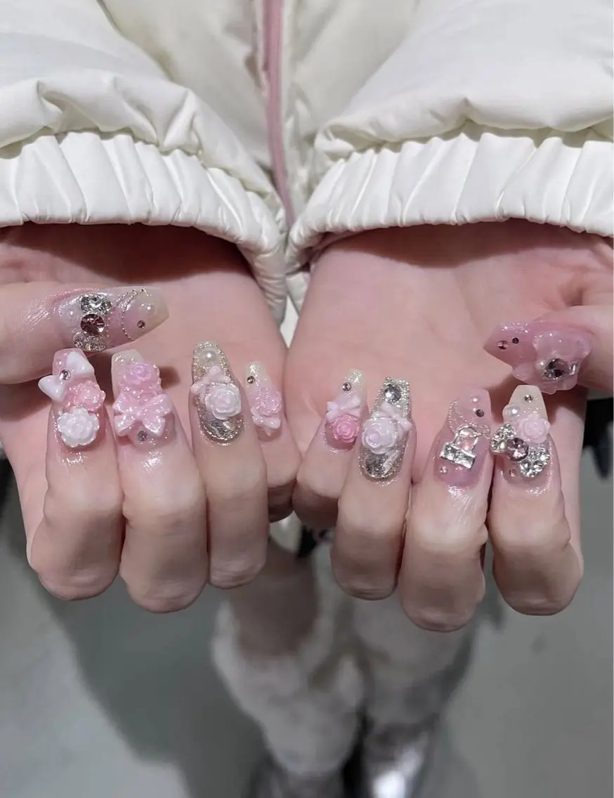 ネイル ハート 韓国ネイル 春ネイル 夏ネイル バレンタイン Sora nail 長さ出し専門店のネイルデザイン
