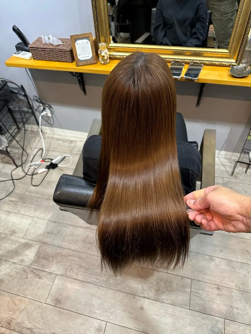 ロング パーマ 縮毛矯正 渡辺俊介 暗髪カラー /美髪矯正/髪質改善のヘアスタイル