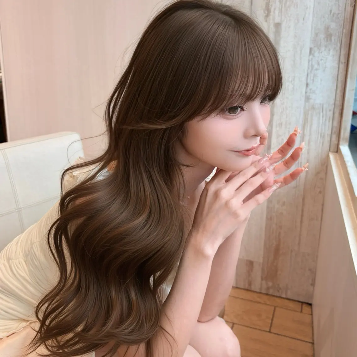 ロング ピンクブラウン ヨシンモリ 韓国風ヘア ヘアカラー トリートメント Ami/くびれヘア /ピンクカラー🌷のヘアスタイル