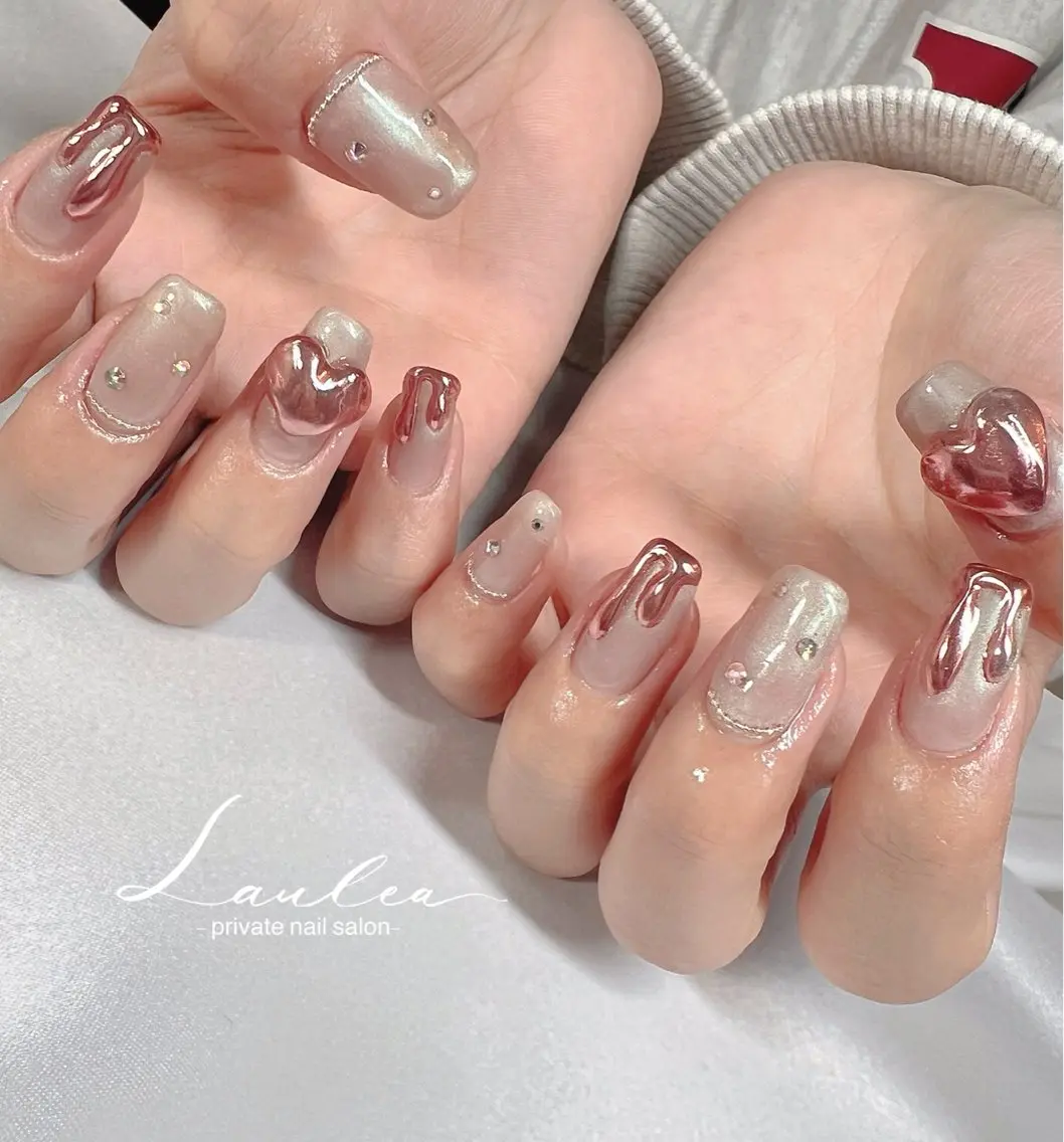 ネイル フットネイル ジェルネイル ハート 韓国ネイル ミラーネイル nail salon Lauleaのネイルデザイン