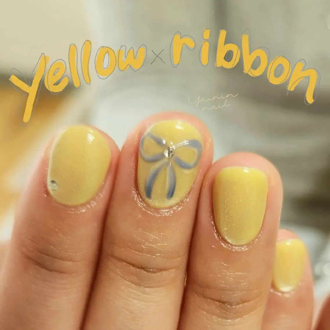 ネイル マグネットネイル リボン ショートネイル 黄色 ショートネイル専門 yurin nailのネイルデザイン