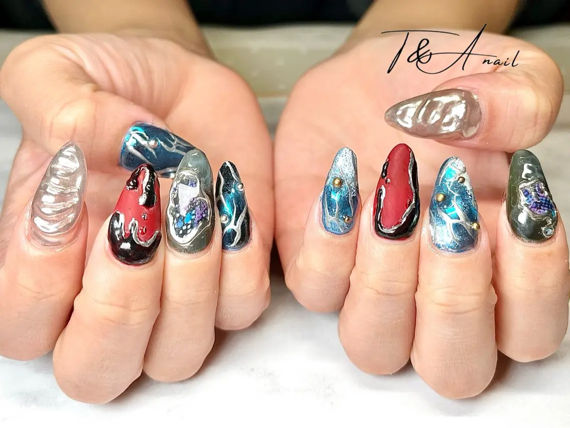 ネイル ブルー 長さ出し ジェルネイル ロングネイル ミラーネイル T&A nailのネイルデザイン